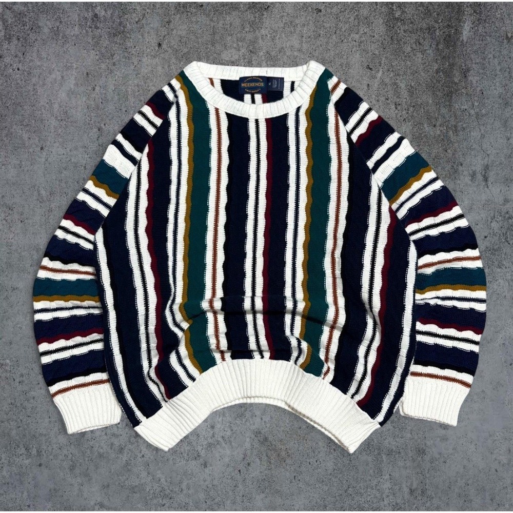Vintage 1990s Weekends Sweater Mens XL Blue Burgundy Gold Striped Knit Pullover